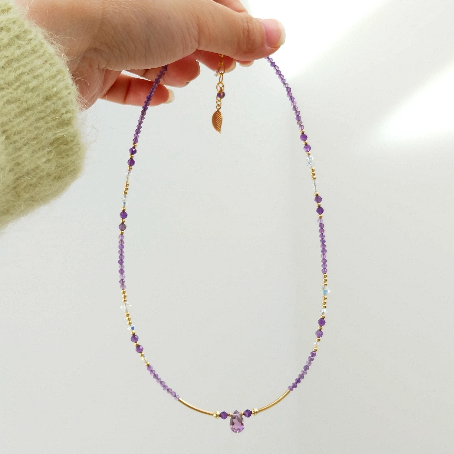 Lii Ji Natural Amethyst 2mm Choker Amethyst Charm 14K Gold Filled Handmade Adjustable Necklace 38+3cm