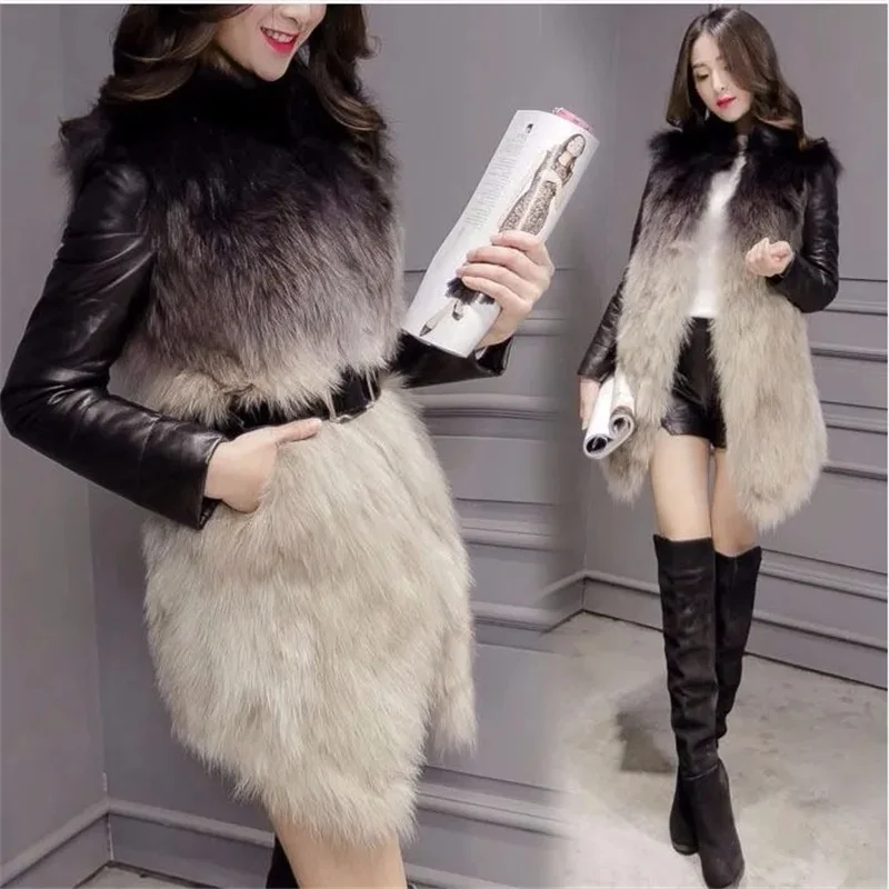 Women 2022 new imitation fox fur coat with detachable sleeves and vest Slim long thick warm stitching winter fur coat