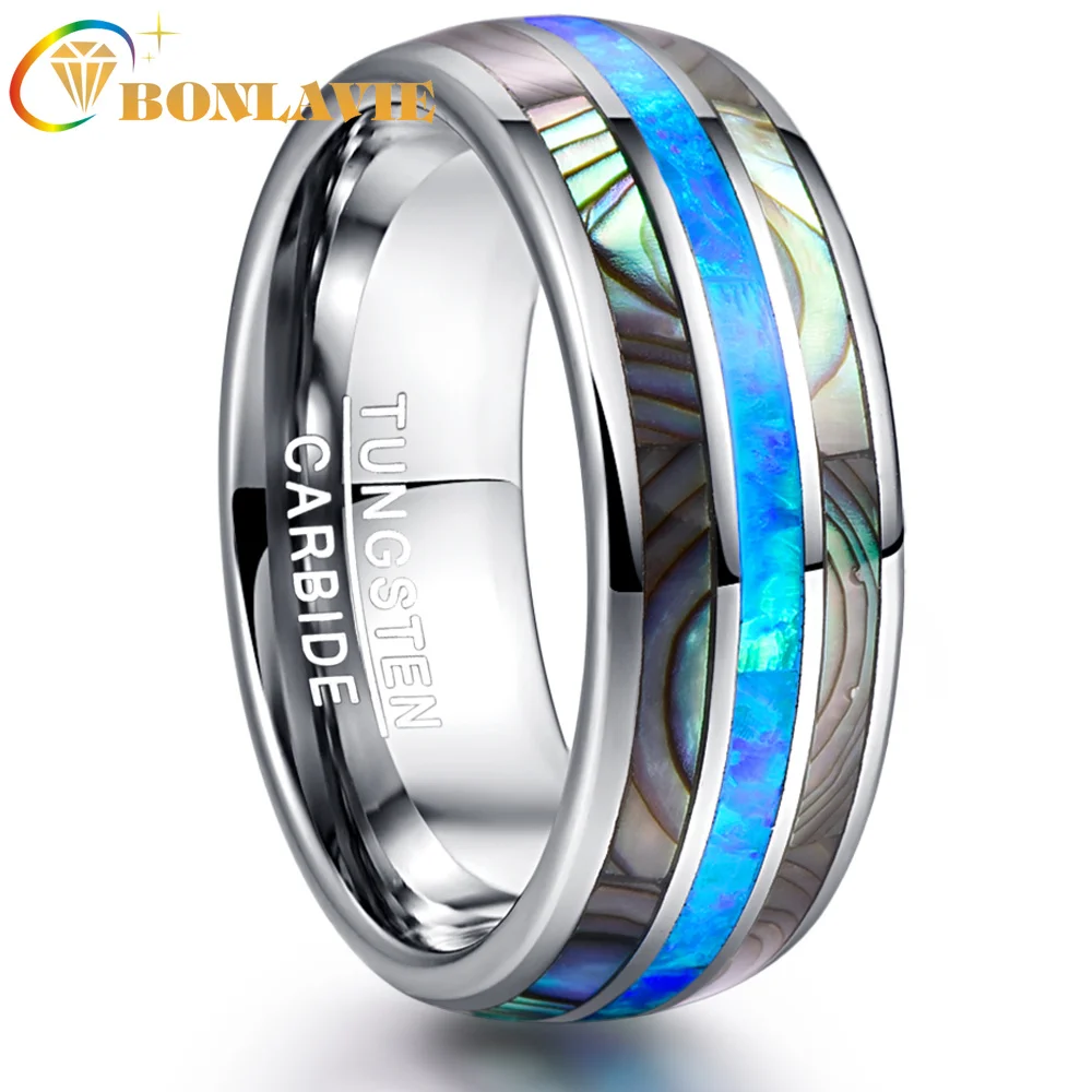 

BONLAVIE 8MM Wide Inlaid Shells Blue Opal Tungsten Steel Mens Rings Never Fade Engagement Ring