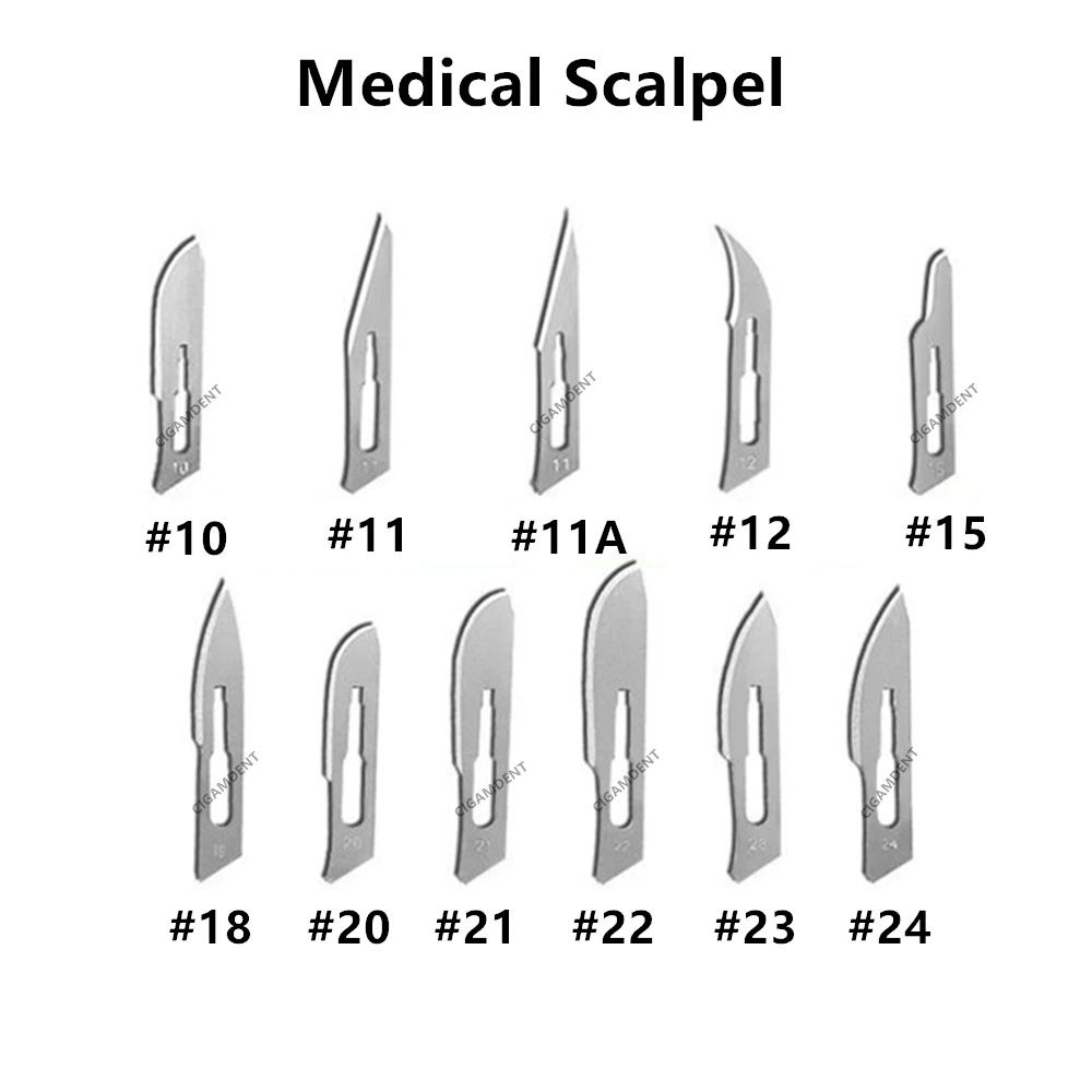 Hojas de bisturí quirúrgico estéril para uso médico y Dental, hojas de acero al carbono #10 #11 #12 #15 #18 #20 #21 #22 #23 #24, 50 unidades