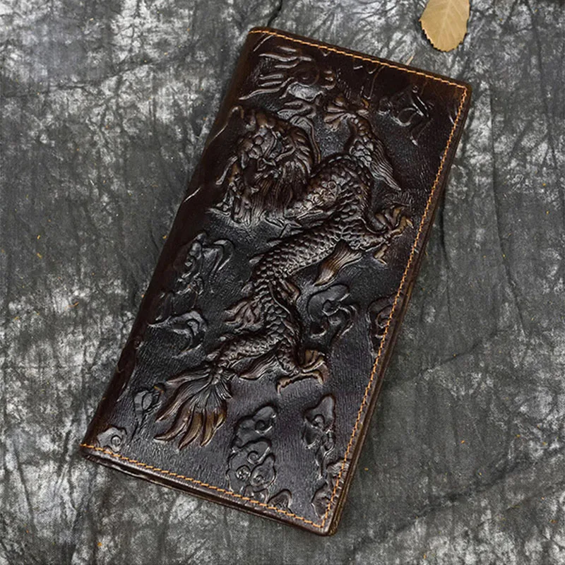 Męski portfel z prawdziwej skóry w stylu vintage smok brązowy portfel ze skóry bydlęcej długi, składany łańcuszek z kieszenią na telefon modna długa torebka