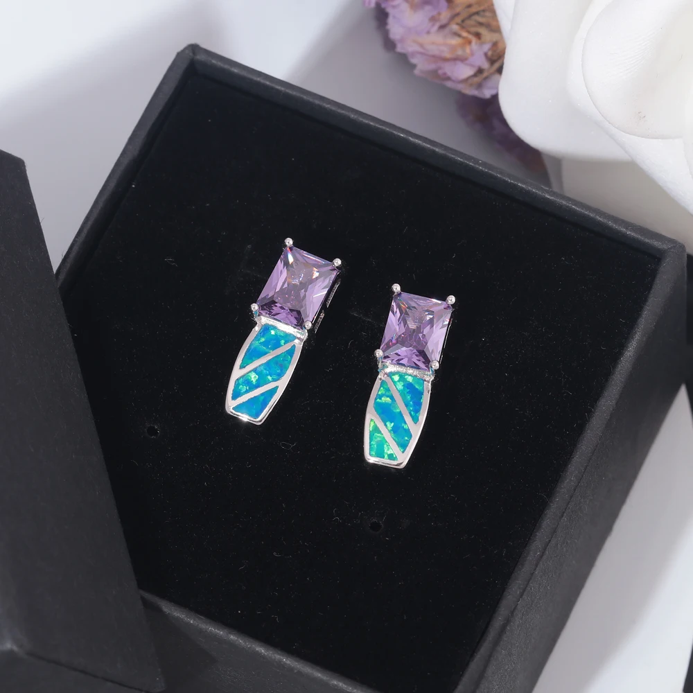CiNily Vintage Created Blue Fire Opal/Purple Zircon Silver Plated Jewelry Set for Women Jewelry Pendant Necklace/Stud Earrings