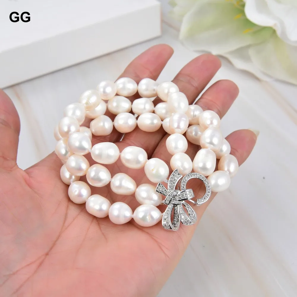 GuaiGuai Jewelry 8\'\' 3 Strands White Rice Pearl Bracelet CZ Clasp