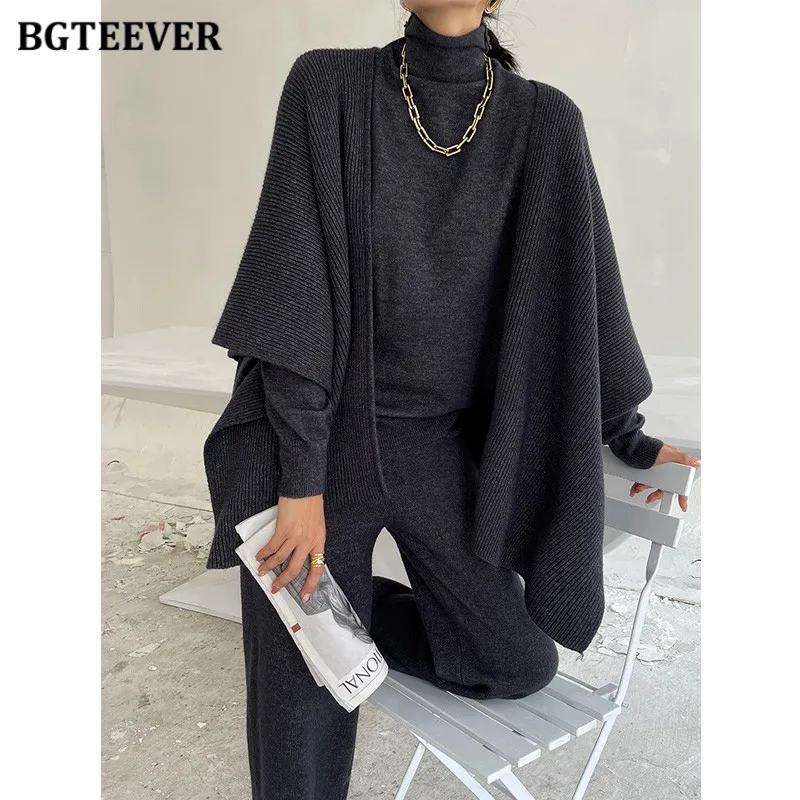 BGTEEVER Stylish 3 Pieces Women Knitted Set Turtleneck Sweaters & Wraps & Wide Leg Pants 2021 Winter Female Sweater Set