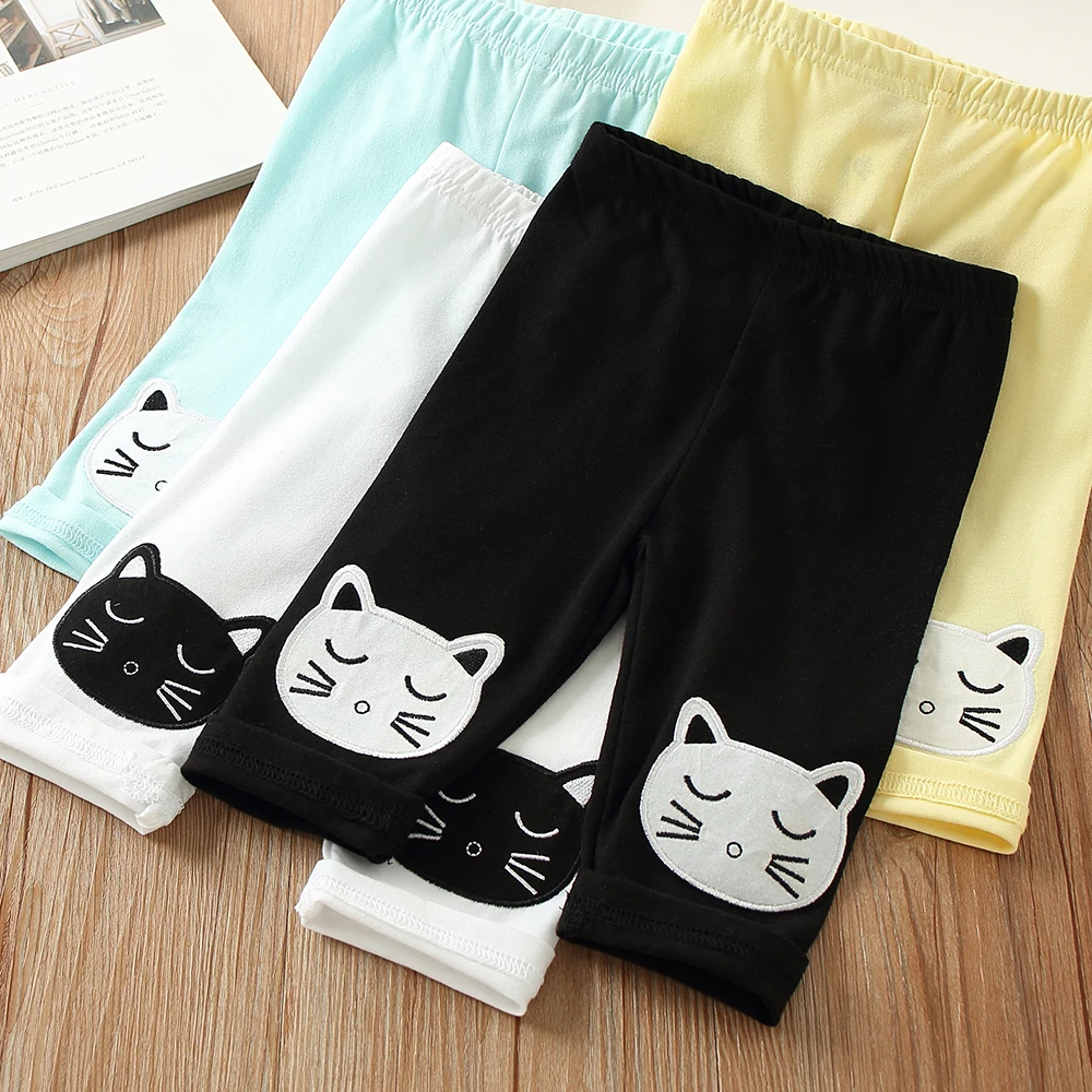 Leggings mi-longs pour petites filles, capri basique, blanc, noir, vert, imprimé chat, enfants, bébés, enfants, 2-10 ans, chaud, été, 2024