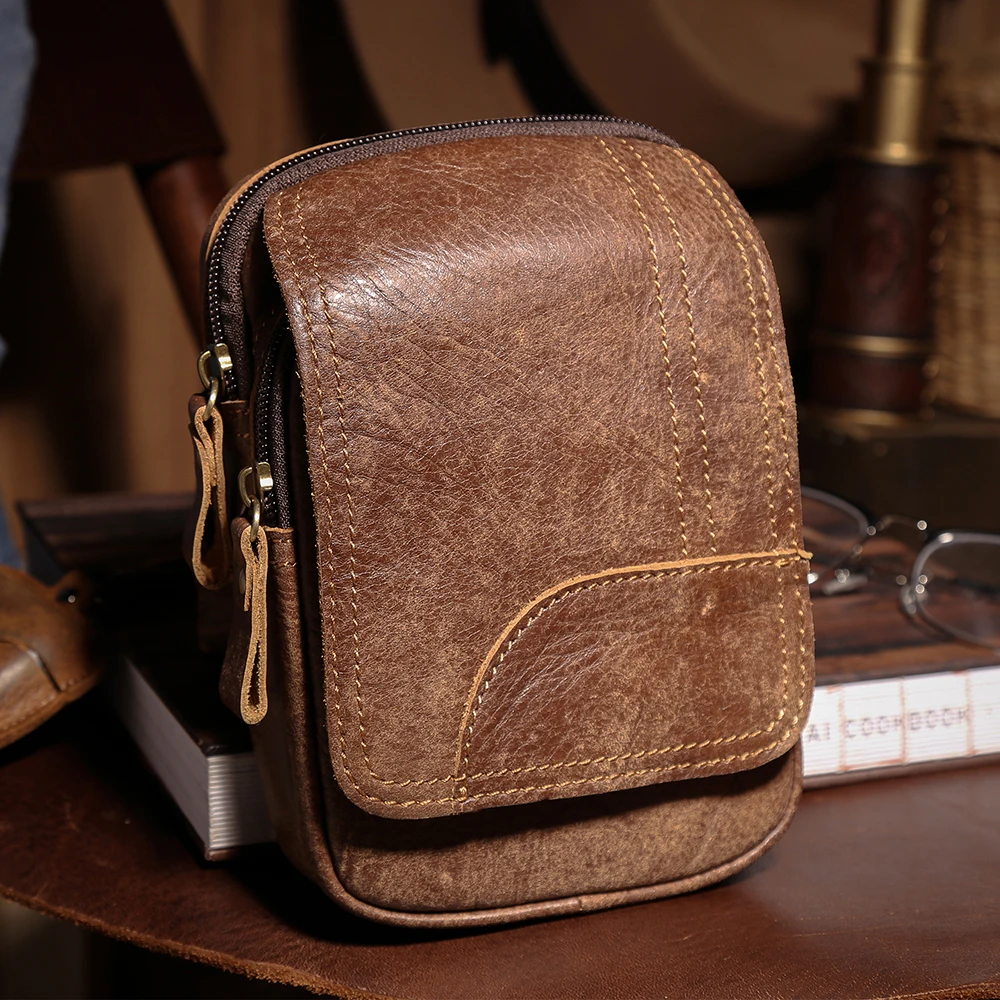 JOYIR-riñonera de cuero genuino para hombre, bolso de cintura informal de piel de vaca, Vintage, para cigarrillos