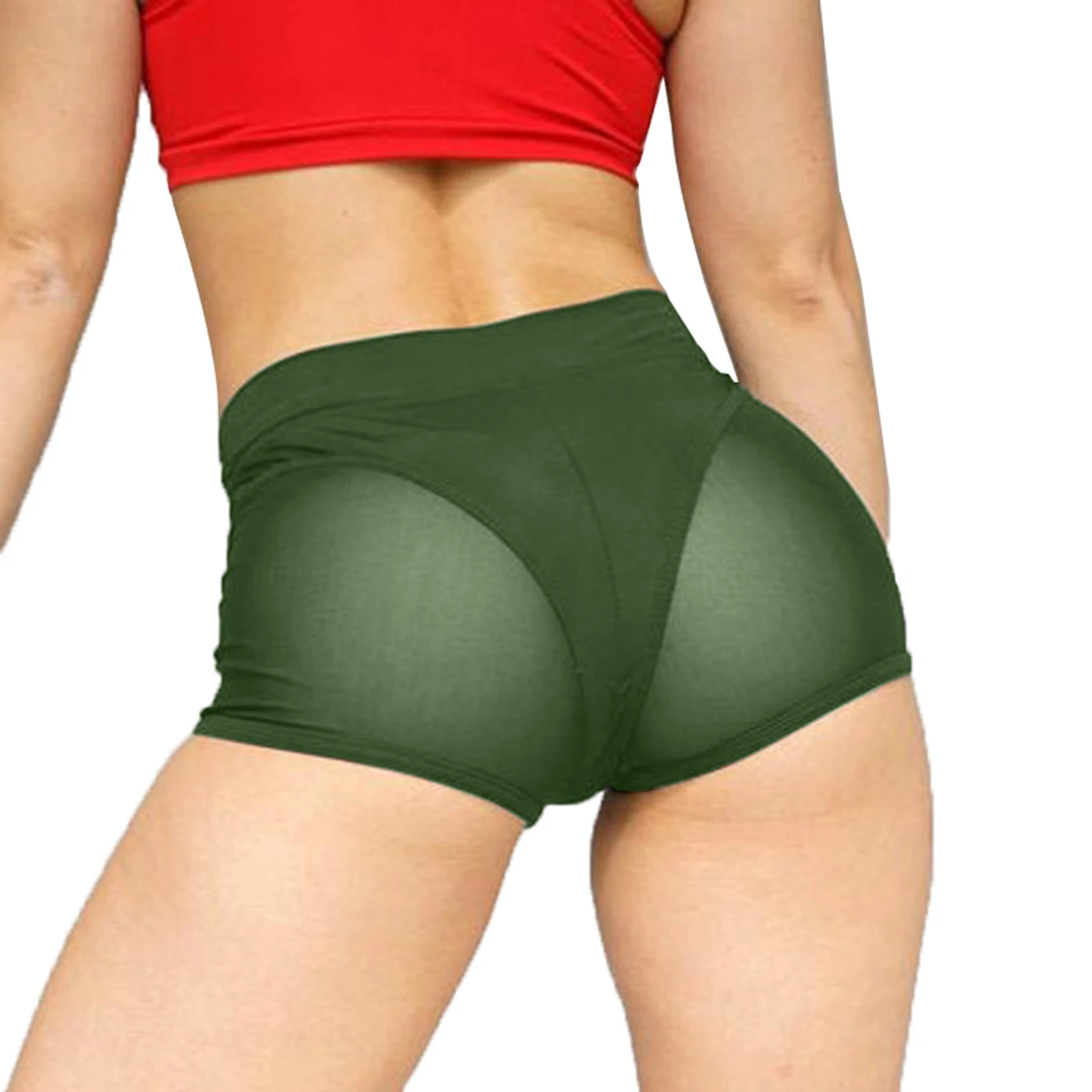 Women High Waist Solid Color Shorts Elastic Waistband See-through Mesh Patchwork Stretchy Sport Pants for Yoga Gym Dance Workout