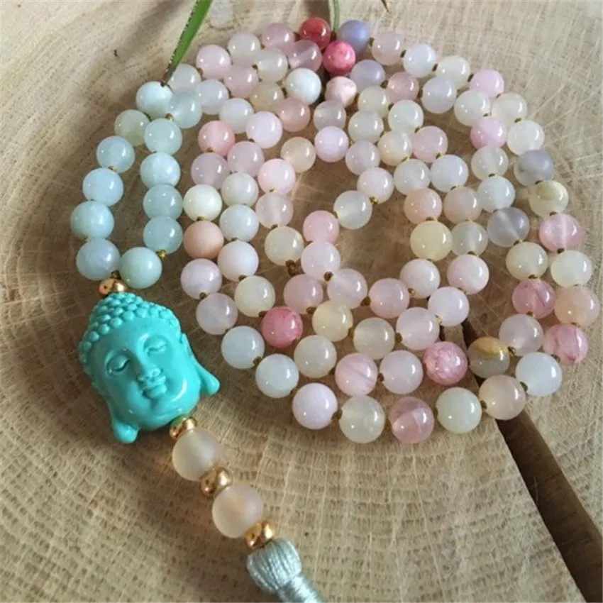 

6mm morganite Gemstone Beads Buddha mala Bracelet Reiki Meditation Bless Handmade Pray Unisex Cuff Healing Lucky Stress Prayer