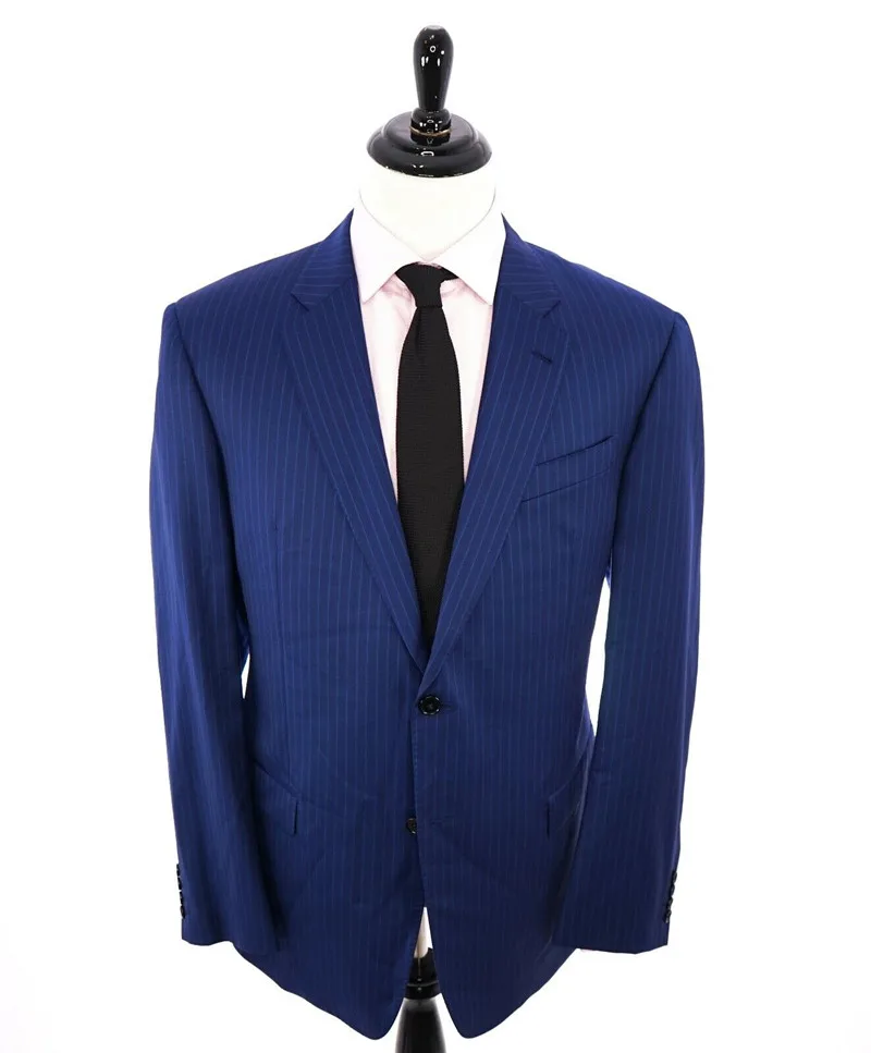 Mens Suits 2020 Knappe Twee-Knop Krijtstreep Blauw Bruidegom Pak Custom Made Slim Fit 2 Stuks Set Bruiloft Smoking beste Man Jas