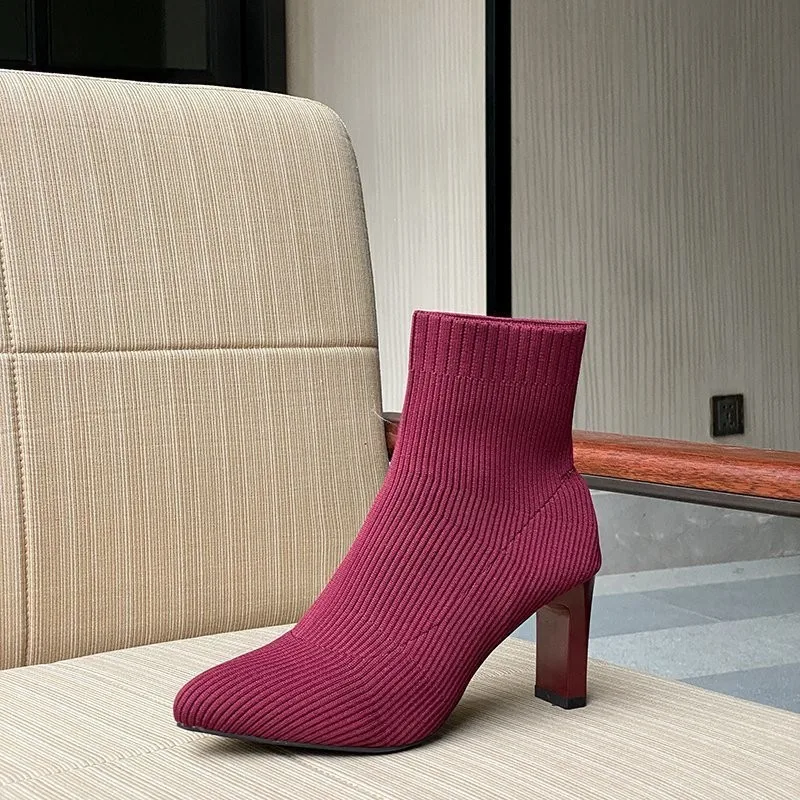 2020 Fashion Women Boots Beige Pointed Toe Yarn Elastic Ankle Boots Thick Heels Shoes Autumn Winter Female Socks Boots