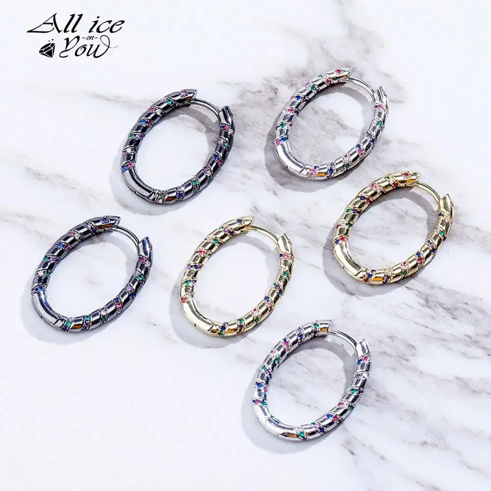 ALLICEONYOU  New Oval Earrings Gold-plated Copper Iced Out Full Bling Cubic Zirconia Hip Hop Fashion Jewelry For Gift Men Women