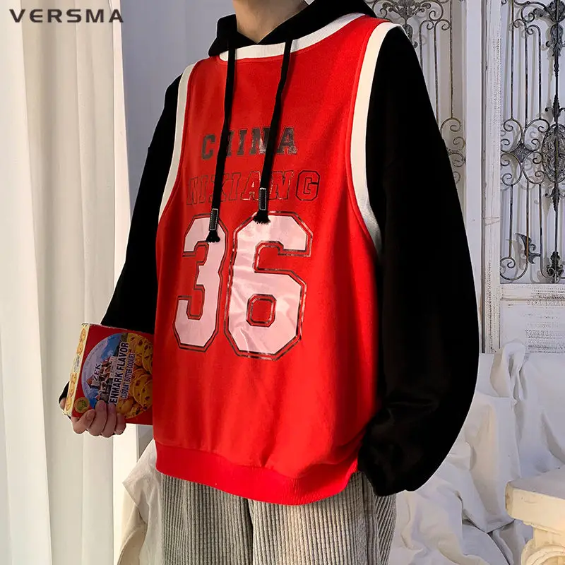 

VERSMA Spring Japanese Harajuku Fake Two Piece Hoodie Sweatshirt Men Women Trendy Streetwear University Hoodie Male Dropshipping