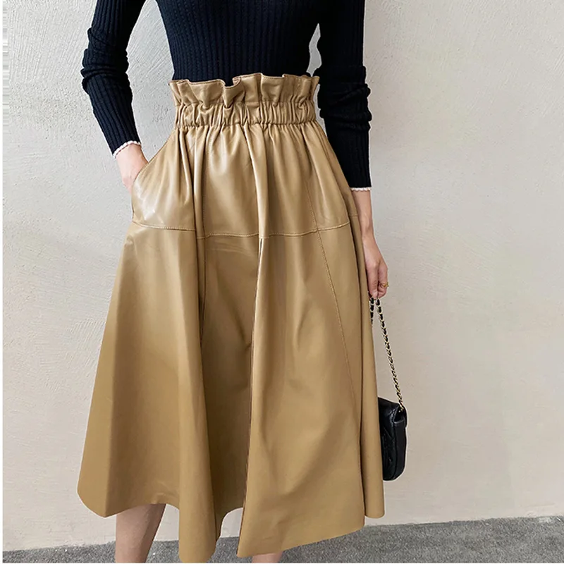 

A-Line Women Clothing England Fashion Fungus Elastic Waist Umbrella Pleated Skirt Femme Chic Beige Fold Faldas Largas Streetwear