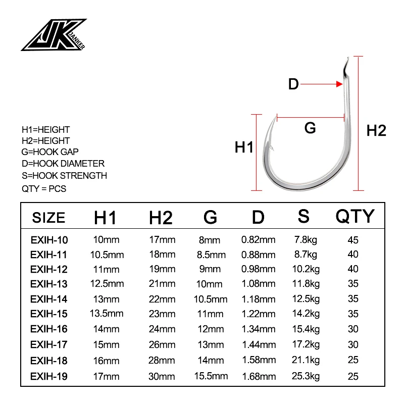 JK 실버 플랫 이세마 낚시 후크, 고탄소강 낚시 후크, 일본 가시 치누 바다 낚시 후크, #10 ~ #19