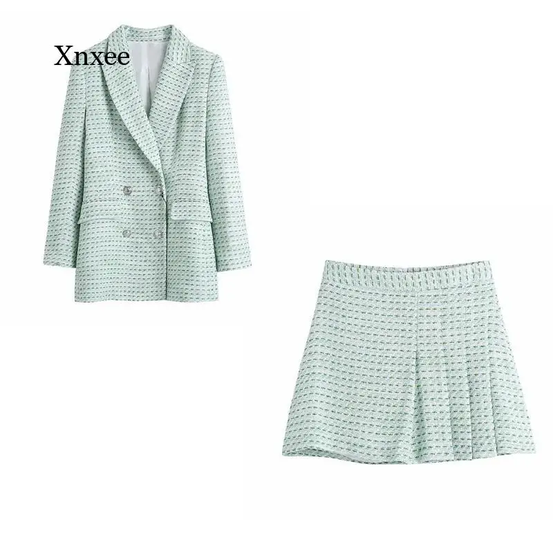 2021 Winter Tweed Female Two-Piece Green Retro Office Ladies Double-Breasted Suit Jacket Female Slim High Waist Skirt Skirt Suit