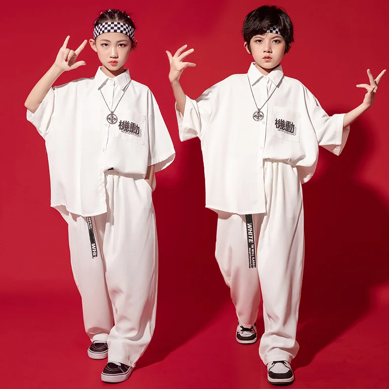 

Kid Kpop Hip Hop Clothing White Oversized Shirt Top Short Sleeve Loose Streetwear Baggy Pants for Girl Boy Dance Costume Clothes