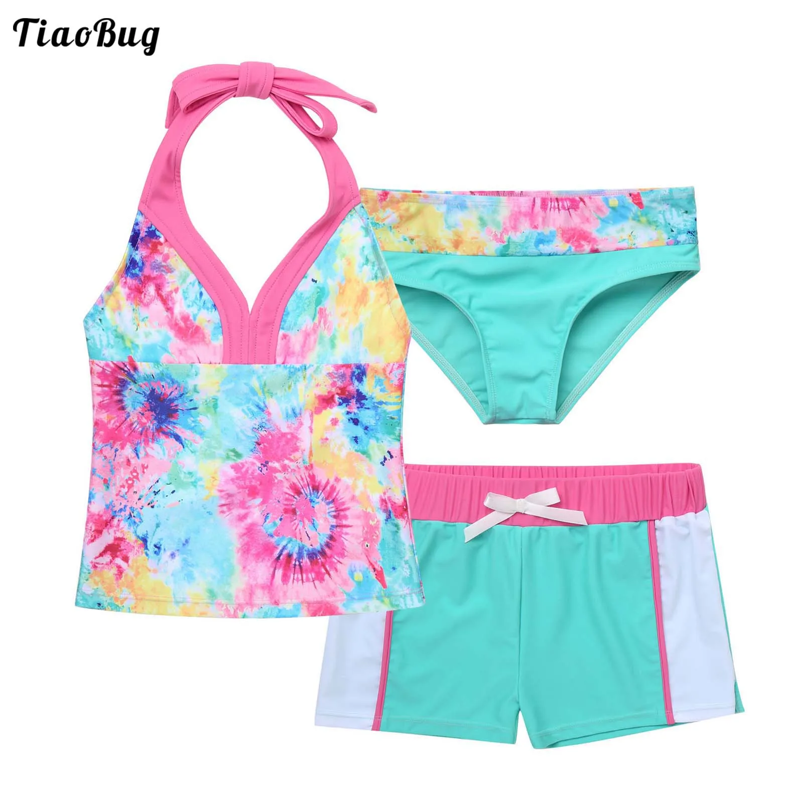 TiaoBug Summer 3Pcs Kids Girls Swimming Clothes Set Sleeveless Halter Neck Top Bowknot Shorts With Briefs Swimsuit Beach Suit