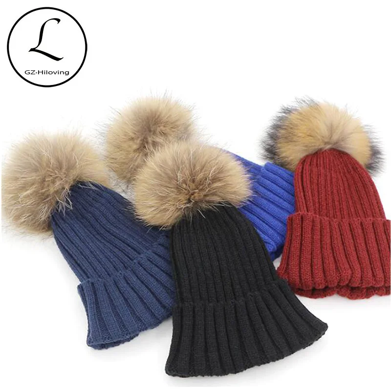 

Big Pompoms Custom Knitted Pom Beanie Hat For Women/Men Europe Style Natural Raccoon Fur Winter Warm Hats China-factory-direct