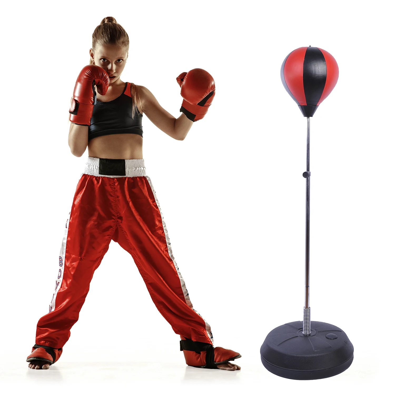 HOMCOM Saco de Boxeo de Pie Boxing Ball Entrenamiento MMA Deportes con Guantes y Mancha Altura Ajustable de 125-145cm