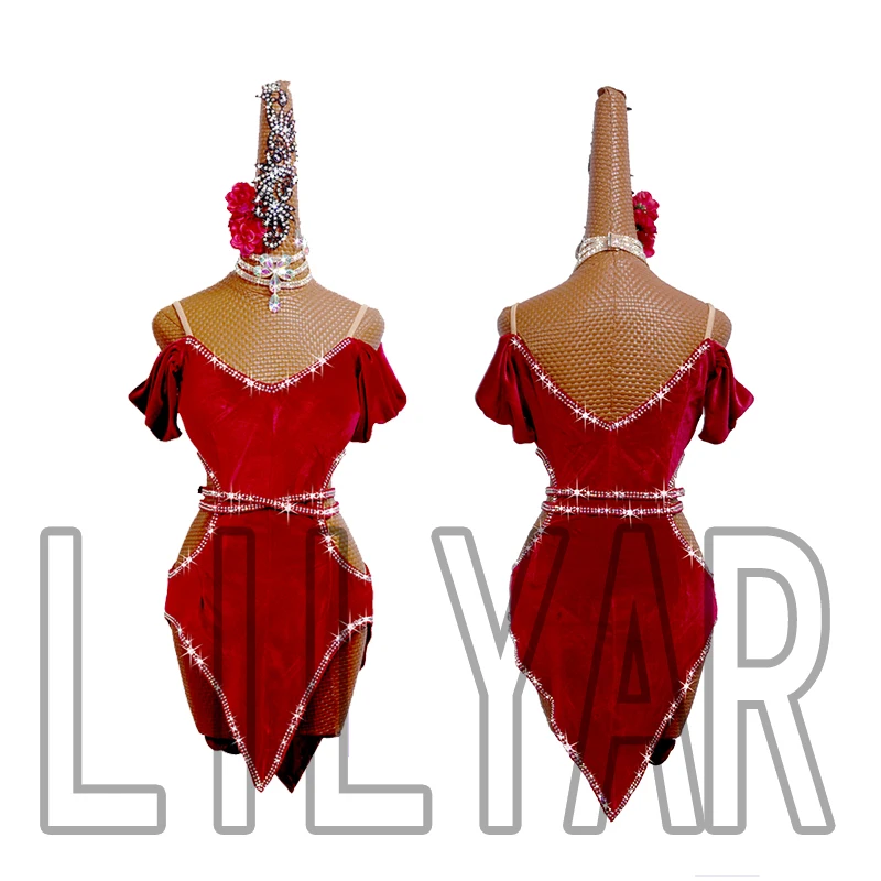 New Latin Dance Competition Performance Adult Custom Red Velvet Sexy Dance Dress