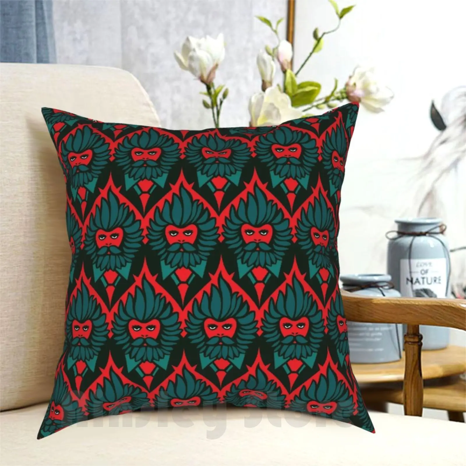 Red Beardies Pillow Case Printed Home Soft Throw Pillow Beards Baroque Flowers Pattern Fun Quirky Sarahwouters Vintage