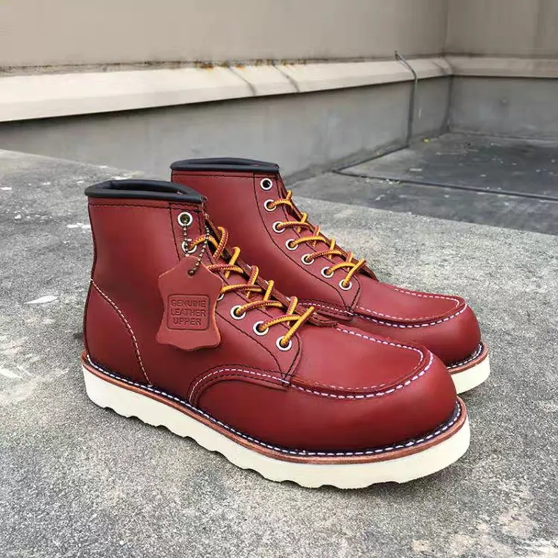 2020 New Designer Handmade Vintage Men Shoes High Quality Cow Leather Ankle Boot Goodyear Welted Wings Motorcycle Boots Wine Red