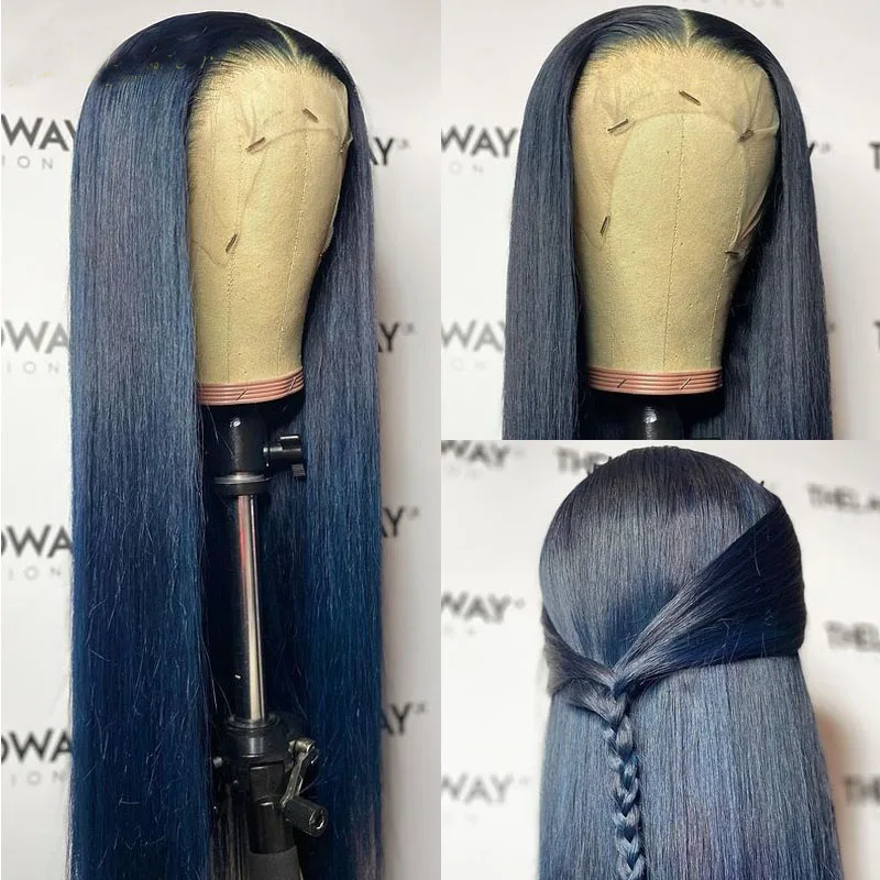 

Dark Blue Color Wig 100%Human Hair Silky Straight Transparent 13*4 Lace Front Wig with Baby Hair Bleached Knots For Black Women