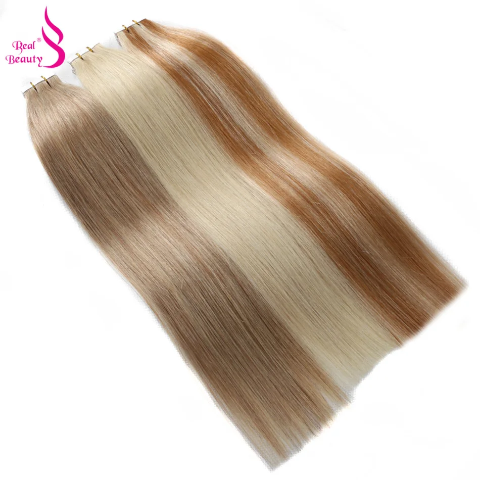 Real Beauty 20pcs Straight Adhesive Tape In Hair Extension Seamless Invisible  Brazilian Remy Human Hair Blond Balayage  Color