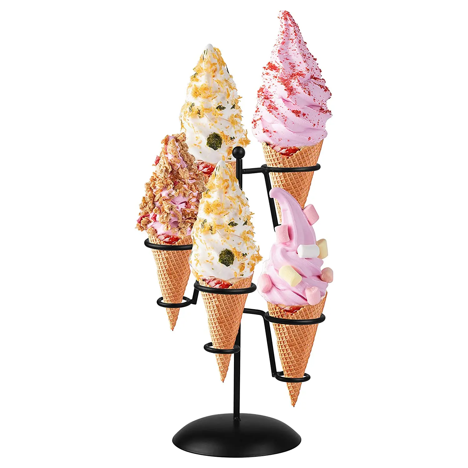 Black iron ice cream cone stand with 2/3/4/5 holes in base, can hold snow cone sushi, hand-rolled popcorn, candy fries