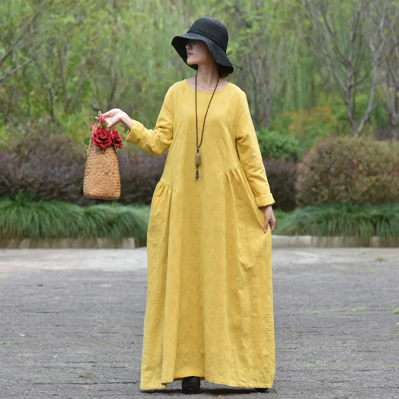 

Free Shipping 2021 New Fashion Cotton Linen Spring And Autumn Long Maxi Dress Women Long-sleeve Loose Dress Yellow O-neck