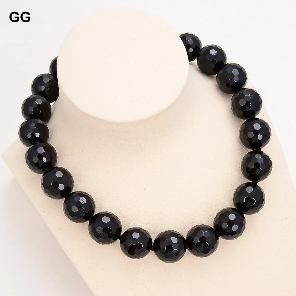 

G-G Natural Stone 20MM Black Round Faceted Onyx Necklace