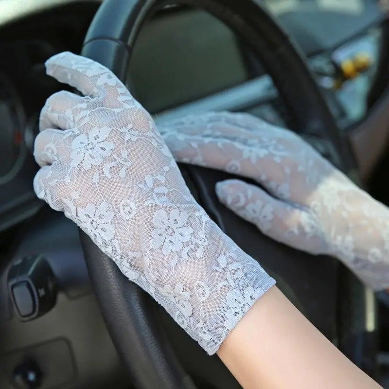 

Summer Thin Mesh Transpare Breathable Elastic Driving Sunscreen Gloves Female Full Finger UV Cycling Etiquette Lace Mittens M2