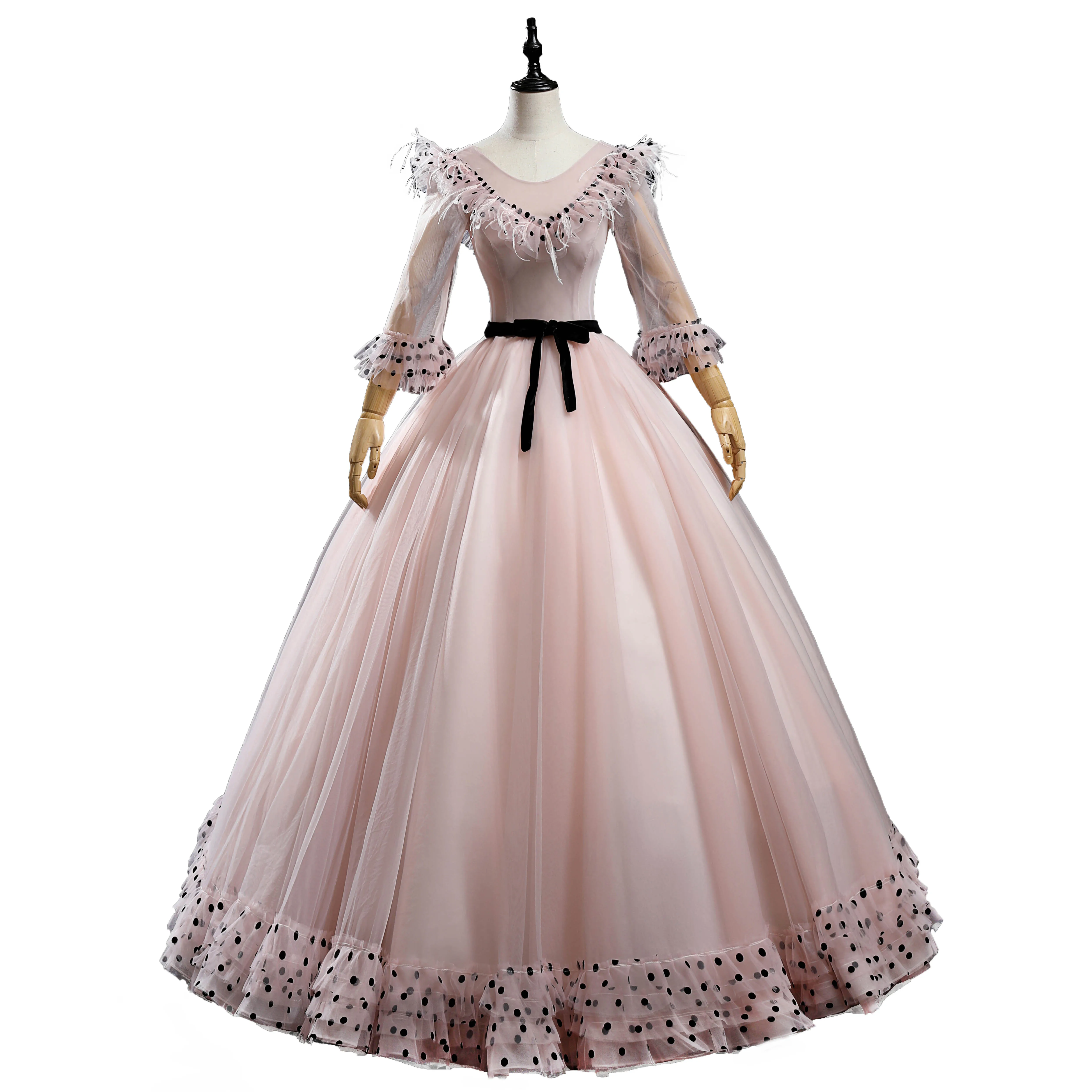 luxury bean pink ruffled feather polka dot collar royal queen long dress medieval Renaissance Victoria ball gown