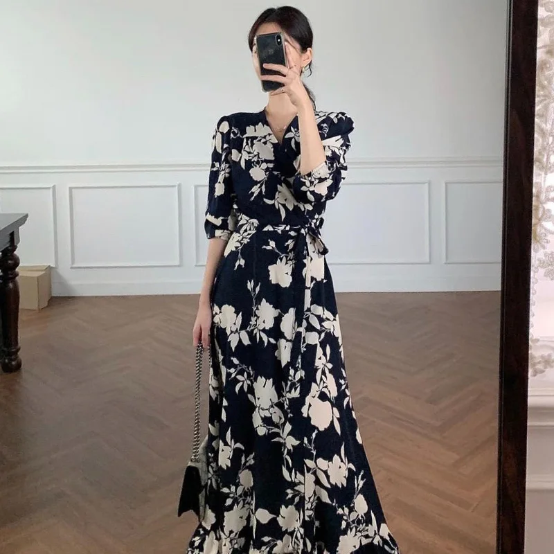 Half Sleeve Dresses Women Print Floral 2022 Spring Autumn Party Woman Dress Vintage Elegant High Waist A-Line Chiffon Vestido