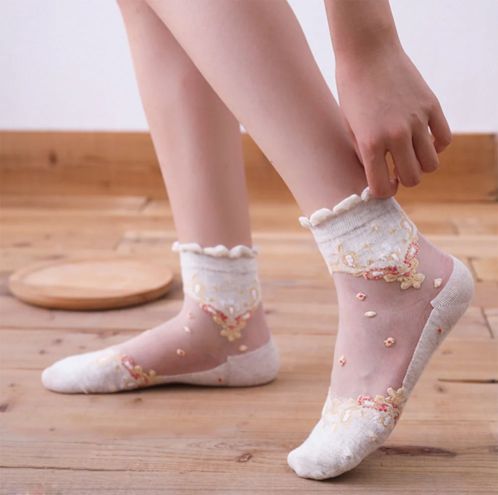 Womens 5 Pairs Ultrathin Transparent blue Purple Pink Black Cotton Flower Lace Elastic Short Socks C1S8