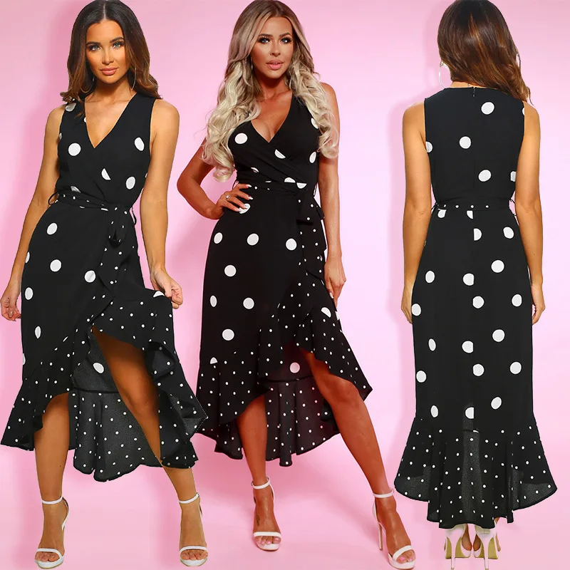 

Women's Fashion Polka-dot Irregular Long Skirt V-neck,sleeveless Party Dresses Evening Vintage Dress Plus Size Clothing Summer