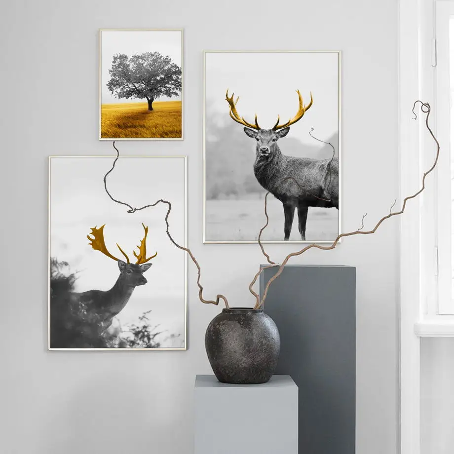 

Sika Deer Golden Grassland Tree Landscape Wall Art Canvas Painting Nordic Posters And Prints Wall Pictures For Living Room Decor