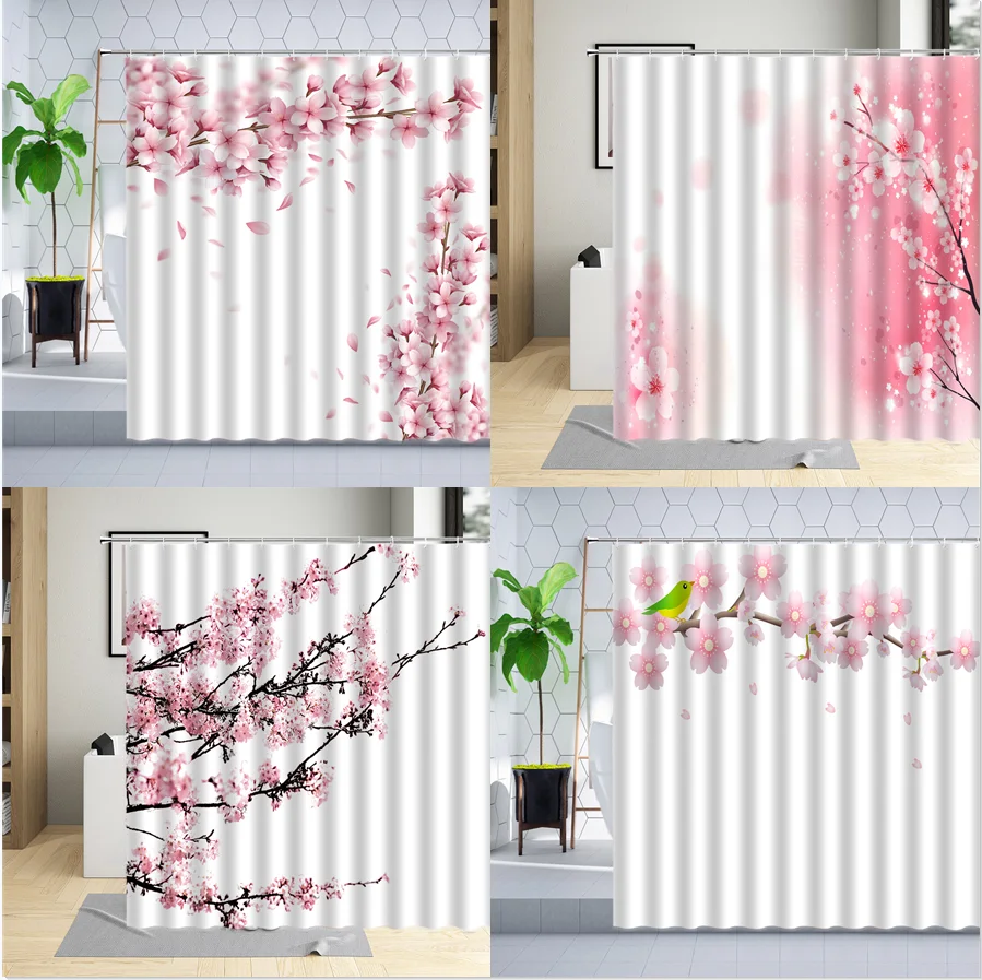 

Pink Flower Cherry Blossom Shower Curtain Peach Blossom Floral Plant Scenery White Printing Bathroom Curtains Set Bathtub Screen