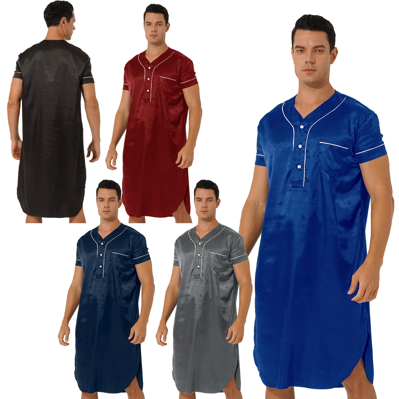 

Men V Neck Short Sleeve Satin Pajamas Nightshirt Button Curved Hemline Pullover Nightwear Night-Robe With Pocket Sleepwear