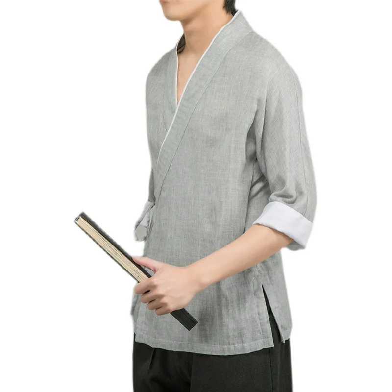 Men\'s Han Fu Shirts Men Cotton Linen Blouse Vintage Clothing Chinese Tradition Tops Tang Suit Male Half Sleeve Kimono M-4XL