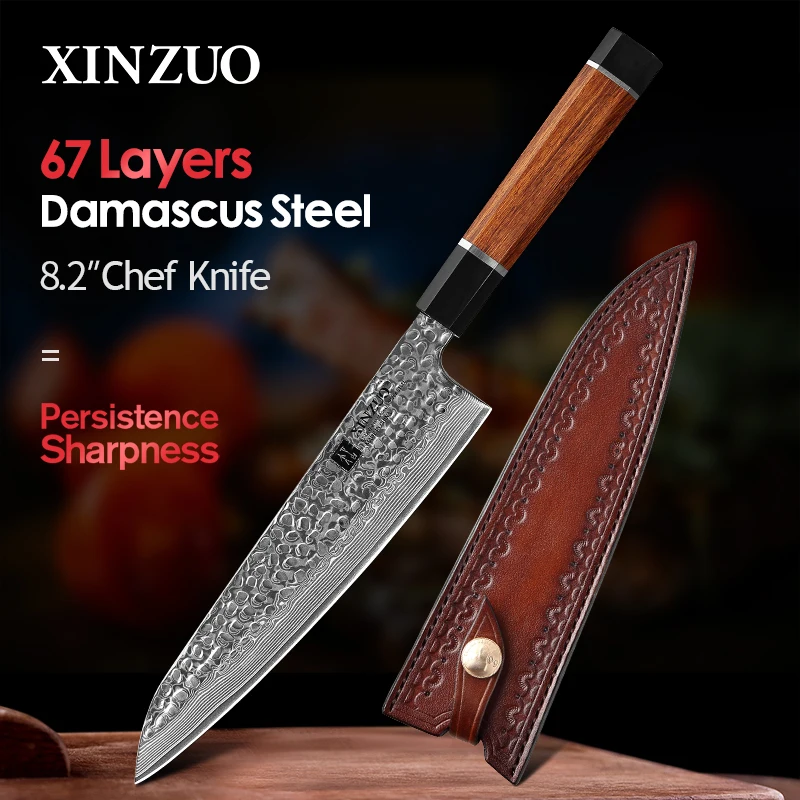 XINZUO 8.5\'\' Chef Knife Japanese Qctagonal Handle VG10 Damascus Steel Kitchen Santoku Slicing Knife  Meat Cleaver Accessories