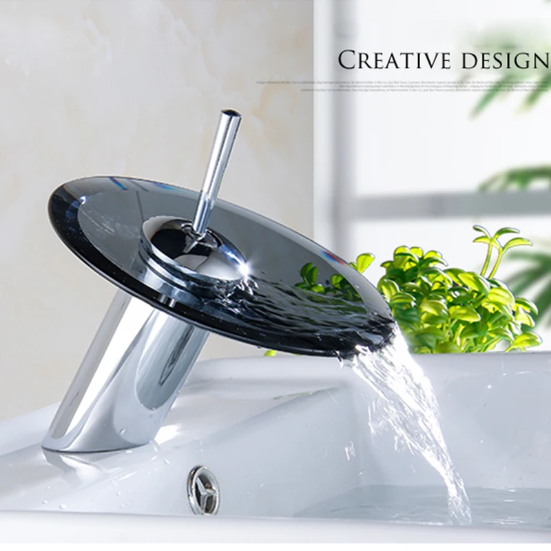 Colorful Glass Waterfall Bathroom Basin Sink Faucet Chrome Basin Sink Faucet Single Lever Deck Mounted Round Mixer Tap