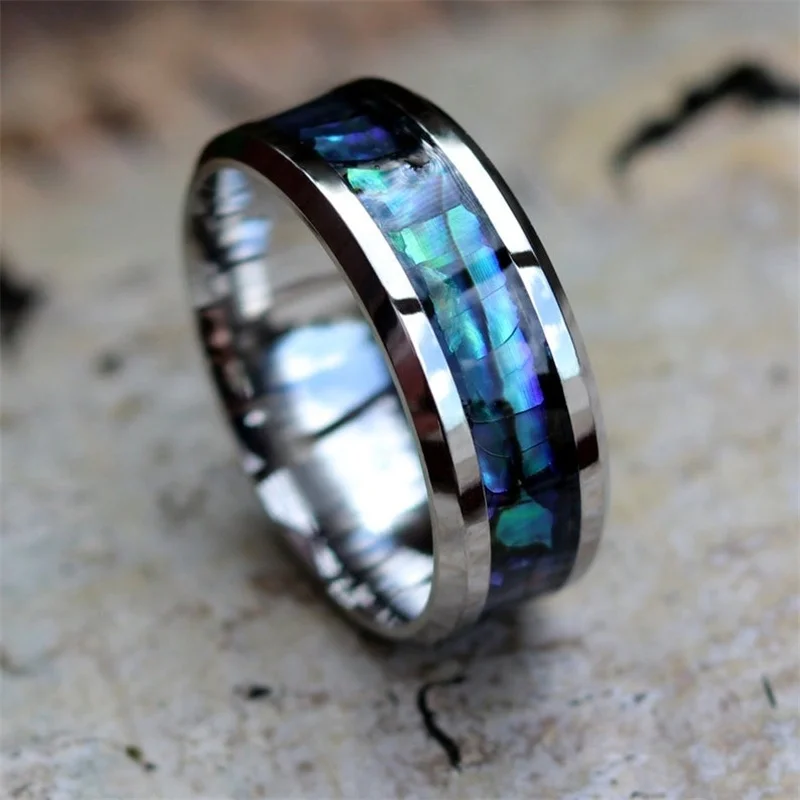 8Mm Titanium Stalen Mode Mannen Ringen Ingelegd Abalone Shell Wedding Band Mannen Sieraden Voor Vrouwen Unisex Accessoires