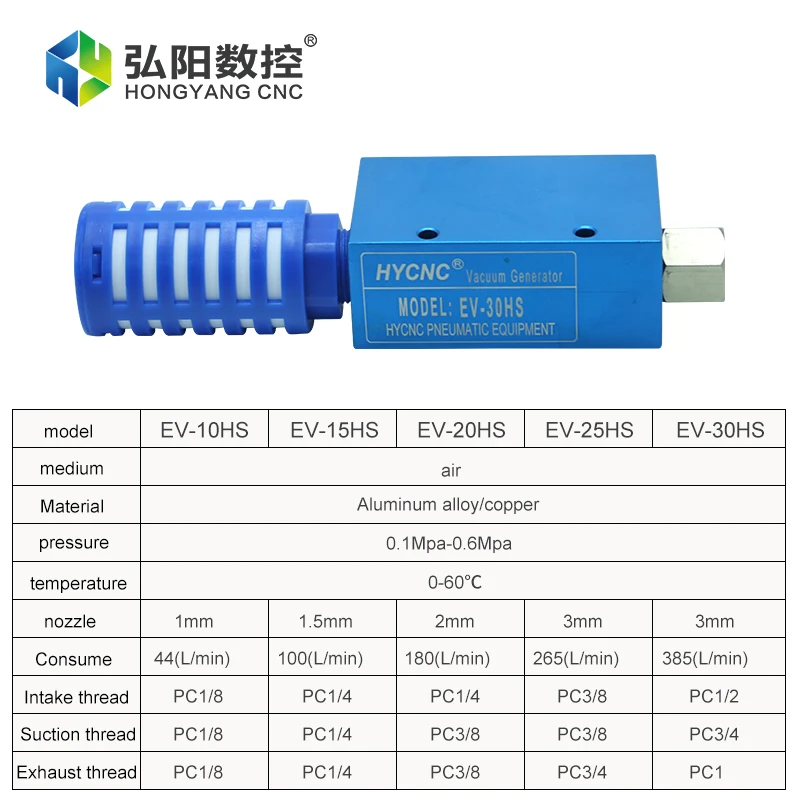 เครื่องกำเนิดไฟฟ้าสูญญากาศ EV10 15 20 25 30HS นิวเมติกดูดความดันเชิงลบเครื่องกำเนิดไฟฟ้าดูดถ้วยควบคุมวาล์วสูญญากาศ