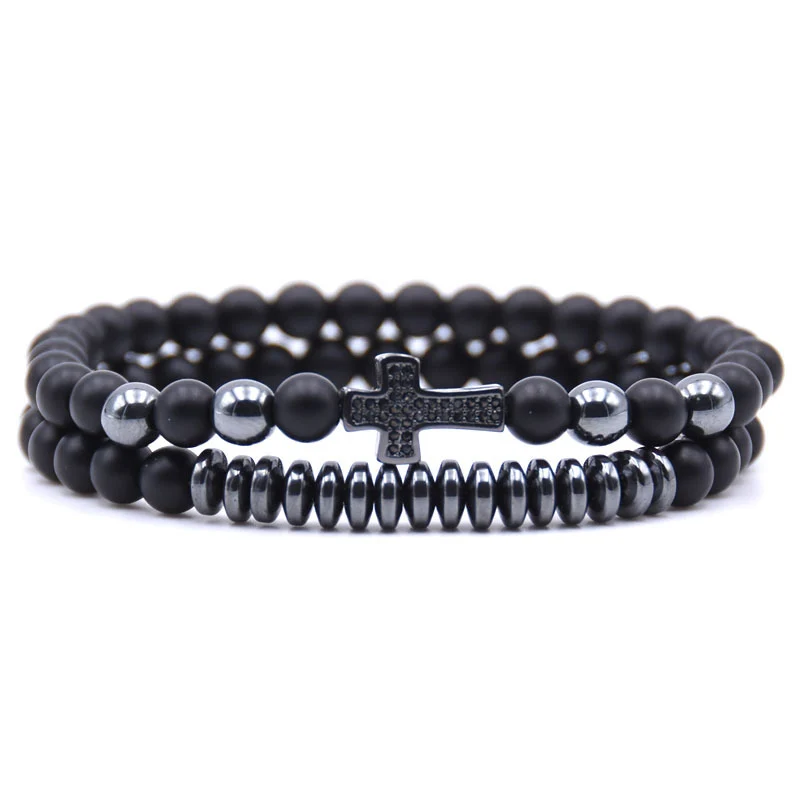 NIUYITID 2pcs/set Black Cross Stone Bead Men Bracelet Kralen Armband Tibetan Charm Braclet Wrist Band Men Wholesale