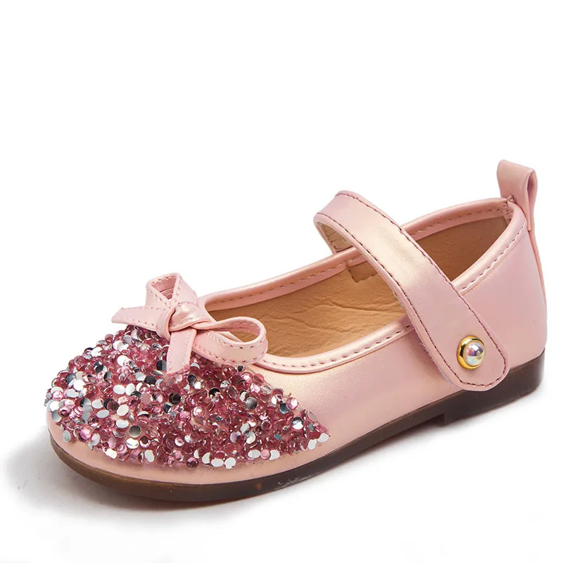 Zapatos de princesa pequeña para niña, zapatillas de cristal planas de primavera, zapatos de zapatos Mary Jane sólidos con lazo poco profundo, gancho y lazo para fiesta, 2022