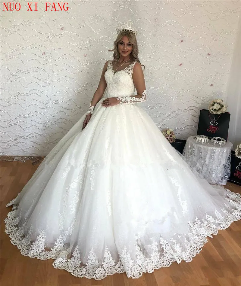 Vestido De baile De princesa vestidos De Novia 2020 ilusión mangas largas blanco hinchado tul Vestido De Novia encaje Appliques saknia slubna