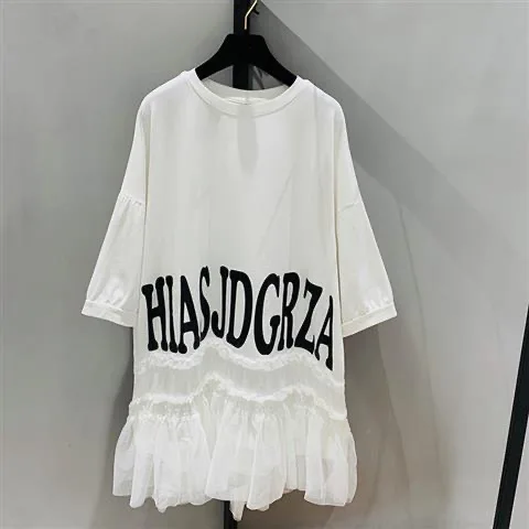 Women Korean Loose Letter Print Blouse Casual Long Cotton Tee Mesh Ruffles Stitching Half Sleeve Shirt