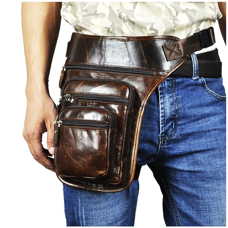 

Quality Leather Men Design Coffee Casual 8" Tablet Messenger Bag Fashion Travel Fanny Waist Belt Pack Drop Leg Bag Male 3111-c