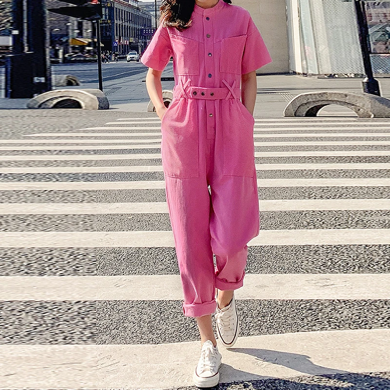 Casual Work Office Women Jumpsuit Spring Summer Fashion Overall Loose Solid Long Playsuit Lace Up Sashes Jumpsuit Rompers New
